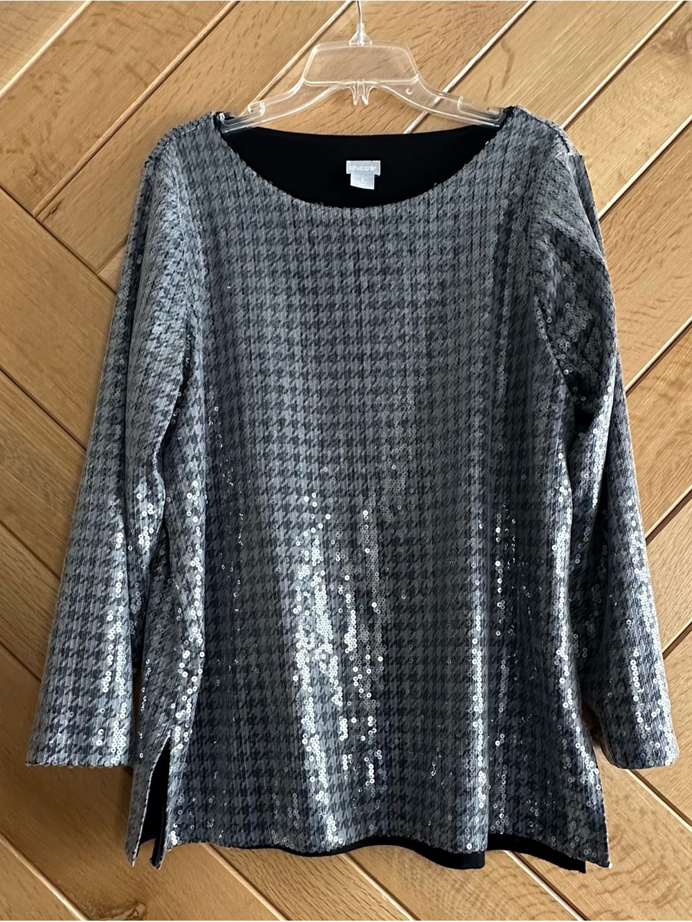 Chico's Black and Silver Houndstooth Sequin Tunic